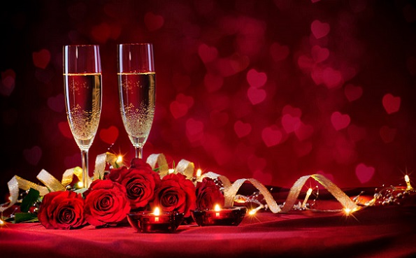 Valentines day background with champagne and roses